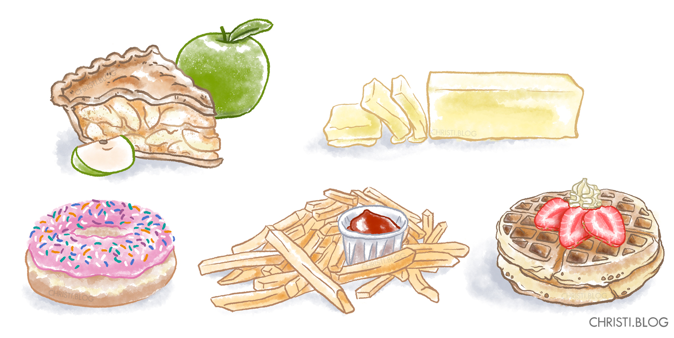 Fun food watercolor style digital illustration with apple pie, green apple, butter, sliced, pink donut, french fries, ketchup, strawberries, waffle