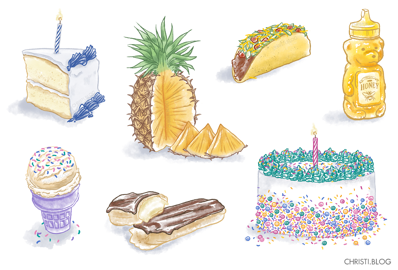 Fun food watercolor style digital illustration with cake slice, pineapple, honey, taco, american style taco, ice cream cone, wafer ice cream cone, eclair, pastry, sprinkle cake